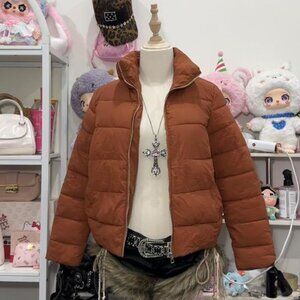 Rust Brown Puffer Jacket Cropped Zip Up Coat